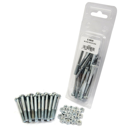 A package of Sparex Metric Bolts (M6x60mm, DIN 931, DIN 934) is shown. Several zinc-plated bolts and nuts from the 20-piece Agripak set are arranged neatly in front of the package.