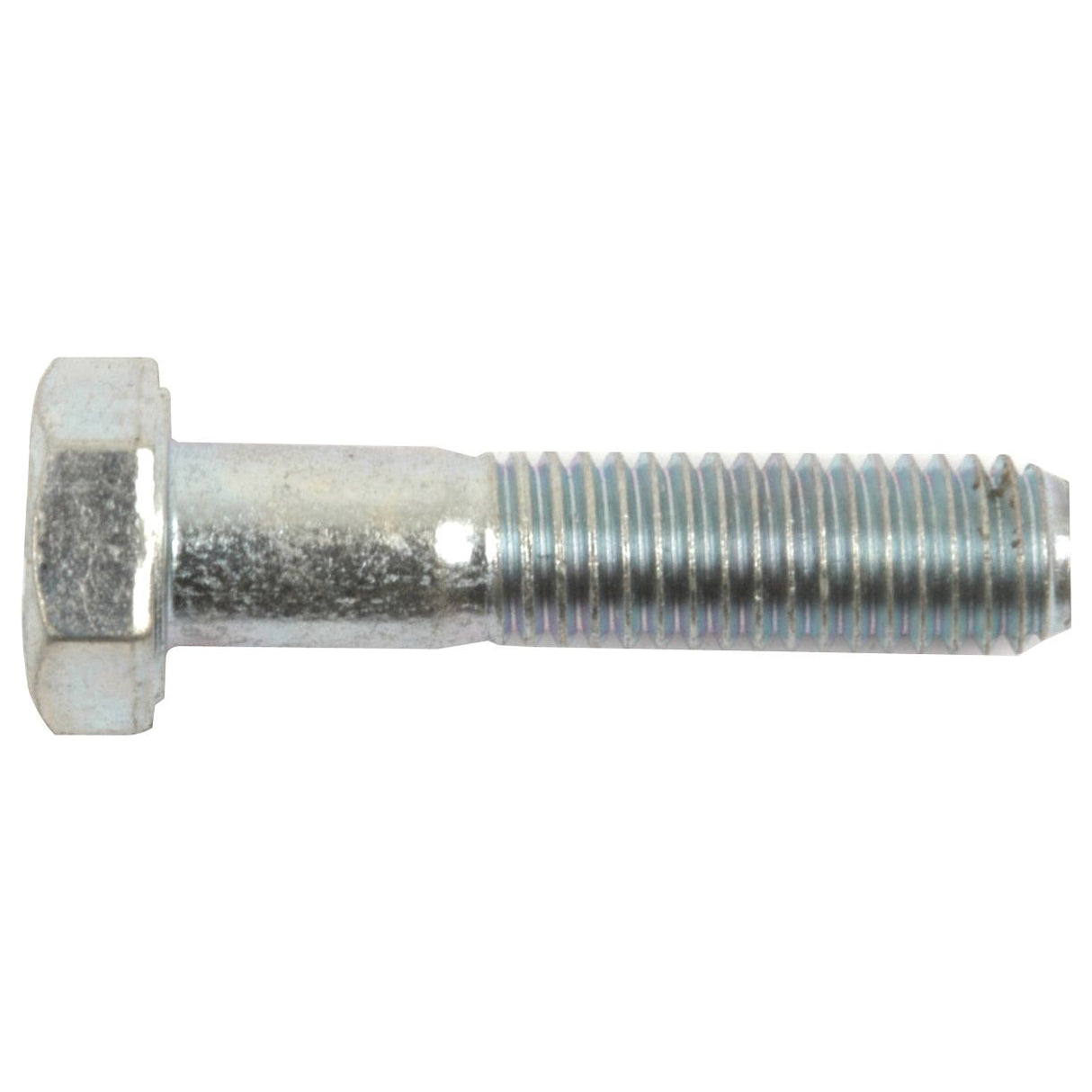 A close-up view of the shiny and new Sparex Metric Bolt M8x35mm with a zinc plated, metal hexagonal head and a threaded end. This bolt complies with DIN 931 standards (Sparex Part No.S.54729).