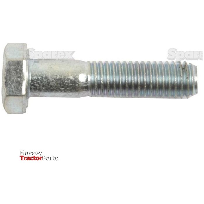 A Sparex Metric Bolt M8x35mm (DIN 931), featuring a partially threaded shaft and zinc plating, is shown against a white background. The words "Sparex" and "Massey Tractor Parts" are visible on the image.