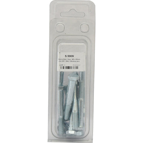 A clear plastic package containing ten silver Metric Bolts, M8x60mm (DIN 931, DIN 934) from Sparex is visible through the front. A label with product details, including the Sparex Part No. S.5909, is attached near the top of the package.