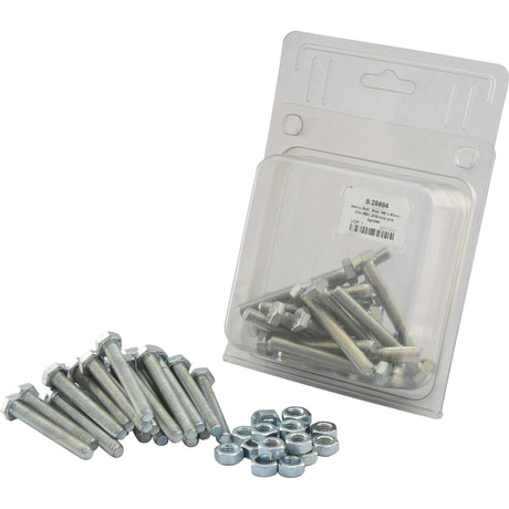 A clear plastic package labeled with the Sparex Part No. S.25656 contains a set of 20 Metric Bolt M8x60mm (DIN 960) from Sparex, along with some additional Standard Bolts and nuts placed outside the package.