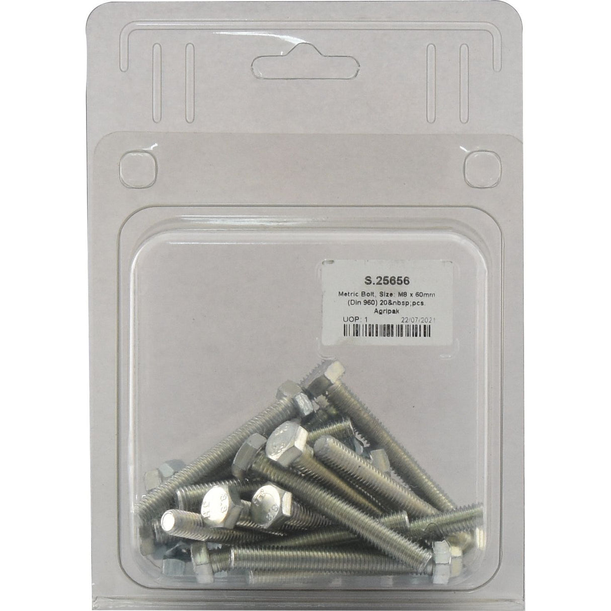 A clear plastic package from Sparex contains multiple metallic bolts and screws, viewed from the front. The packaging label provides size and quantity details for these Metric Bolt M8x60mm (DIN 960) (Agripak 20 pcs.) marked with Sparex Part No.S.25656.