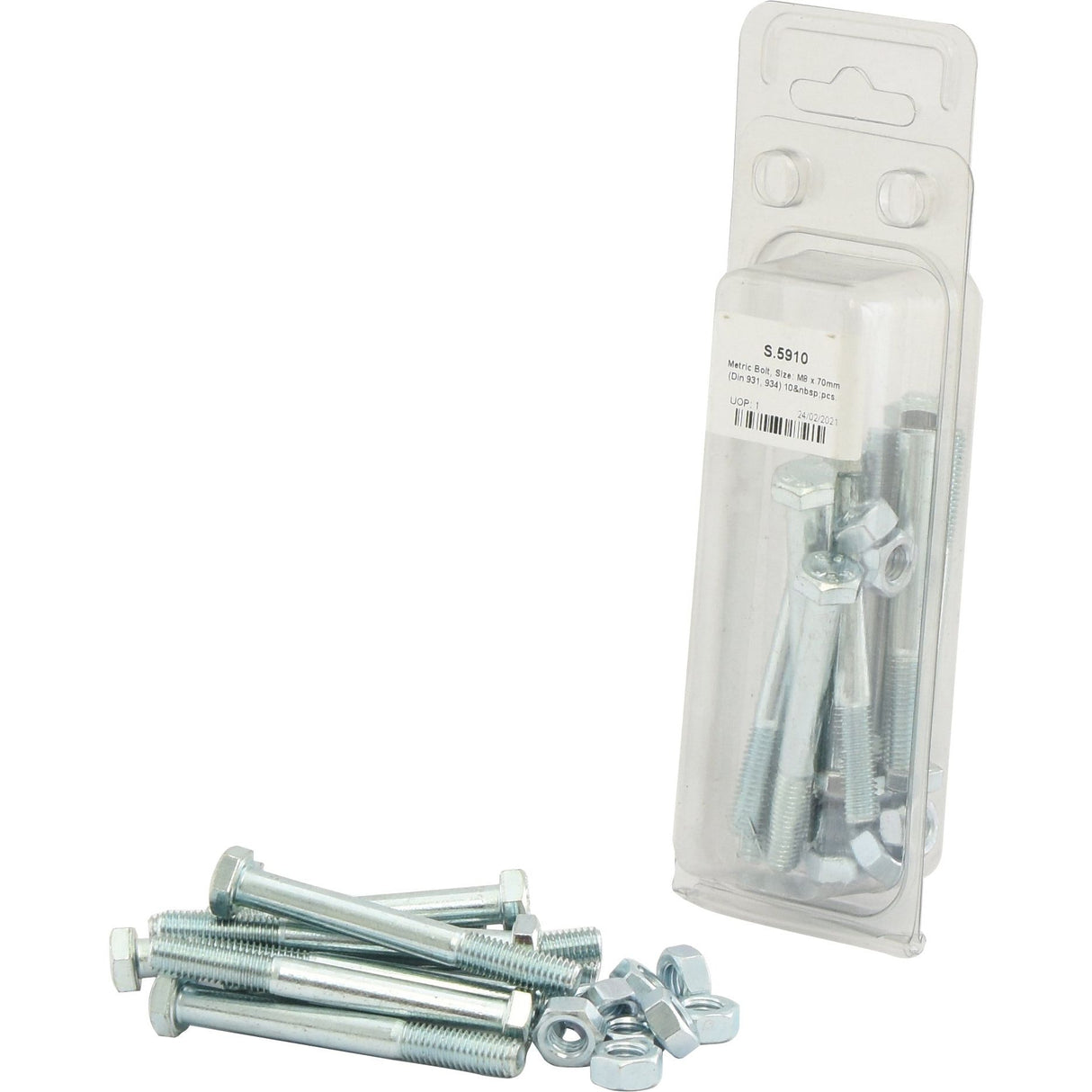 A clear plastic package labeled "Metric Bolt, M8x70mm (DIN 931, DIN 934) 10 pcs. Agripak | Sparex Part No.S.5910" from the brand Sparex is shown next to a small pile of loose standard bolts and nuts.