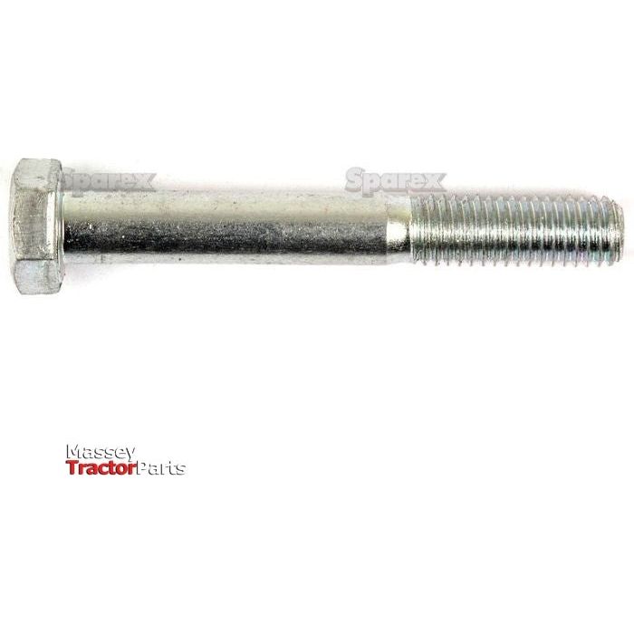 A Sparex Metric Bolt M8x70mm (DIN 931) with a zinc-plated hex head and partially threaded shank is showcased against a white background featuring "Massey Tractor Parts" and "Sparex" logos. This bolt, identified by Sparex Part No.S.5765, boasts a tensile strength of 8.8 for robust performance.