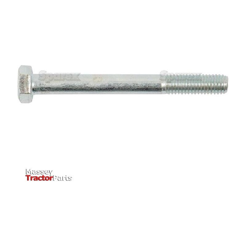 A long, zinc-plated bolt is displayed horizontally with a hexagonal head and threaded end. The logo "Sparex" appears in the bottom left corner, labeled as Metric Bolt M8x75mm (DIN 931) | Sparex Part No.S.6927.