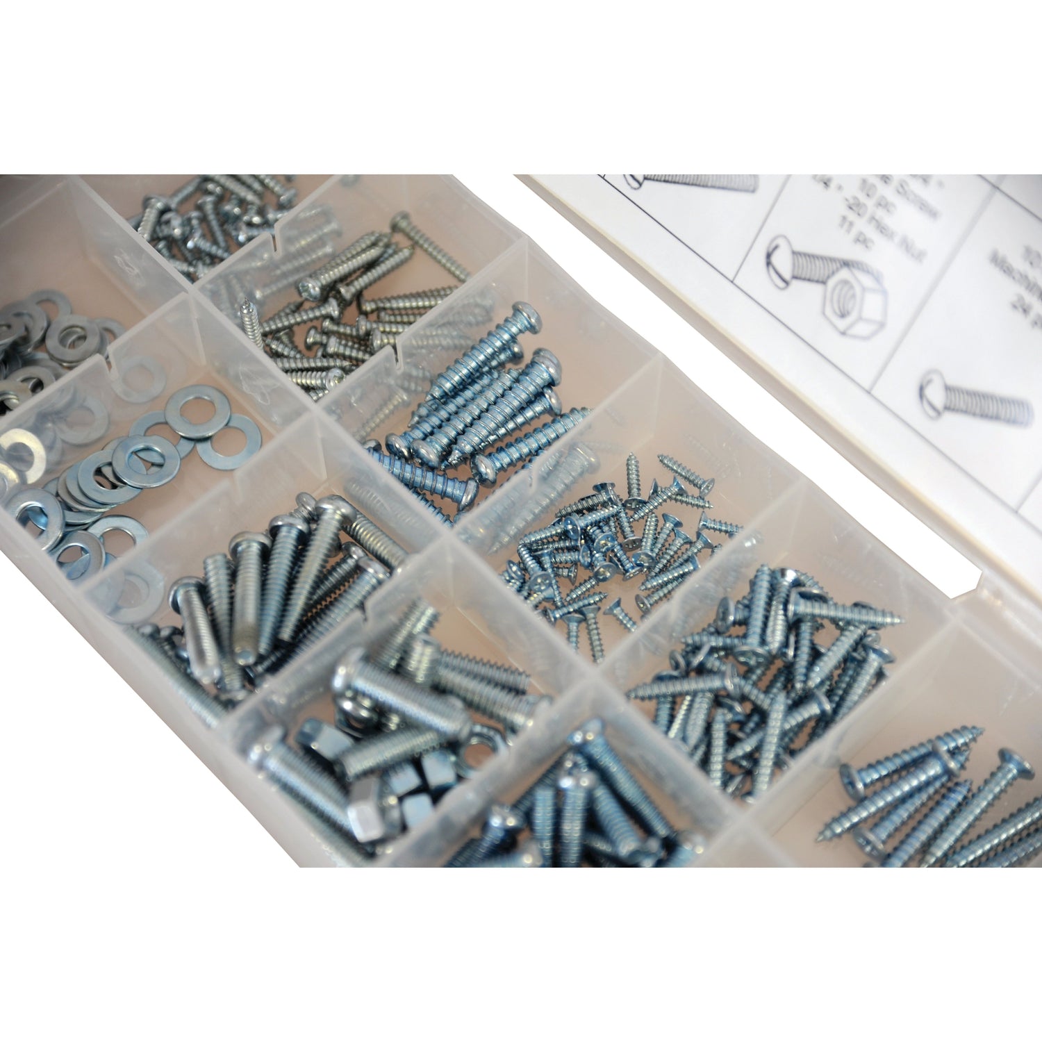 The Metric Bolt and Setscrew Assortment (DIN or Standard No.347 pcs. Compak), also known as Sparex Part No.S.29887 by Sparex, is a plastic organizer box with various compartments containing 347 pieces of screws, washers, and setscrews.