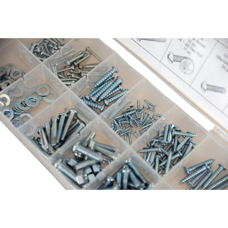 The Sparex Metric Bolt and Setscrew Assortment (DIN or Standard No. 347 pcs. Compak | Sparex Part No. S.29887) is a plastic organizer box divided into separate compartments, containing metal screws, washers, metric bolts, and setscrews.