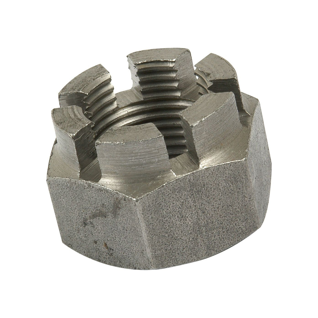 The Sparex Metric Castle Nut, part number S.53859, is a metallic nut featuring slots on top and internal threading, designed according to DIN 935 standards for securing components in mechanical applications. This fine-threaded castle nut is precisely sized at M22x1.50mm.