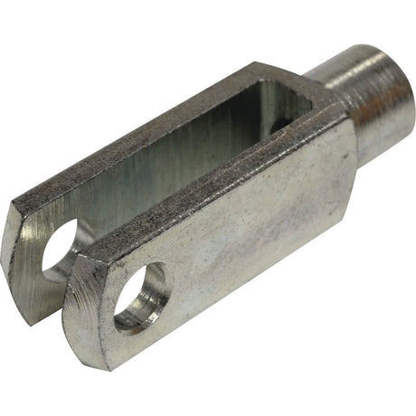 Close-up of a metallic Sparex Metric Clevis End M6.0 (DIN 71751) with a rectangular opening and two circular holes at one end, used in mechanical applications.