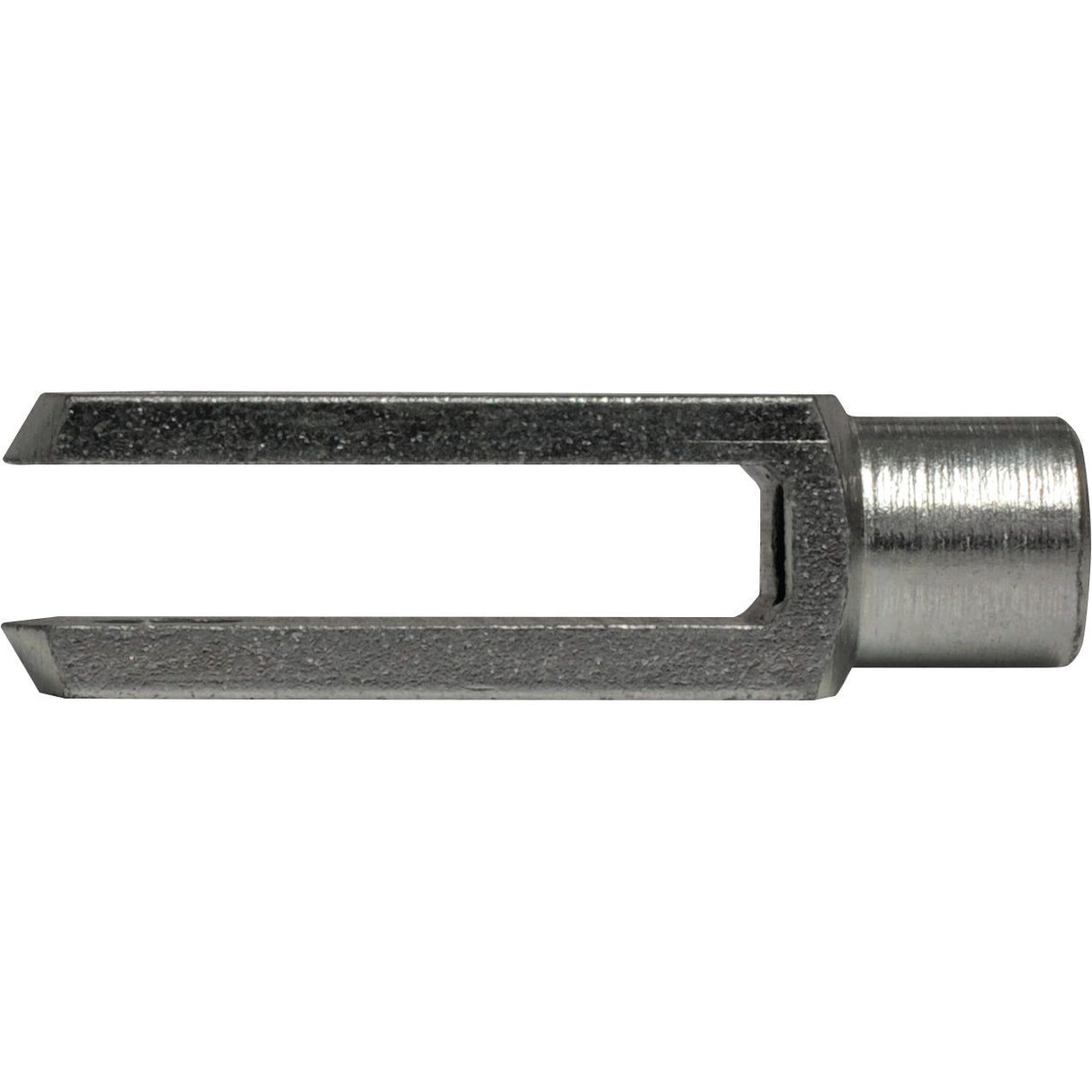Close-up of a metal claw-like tool with two prongs and a cylindrical base, resembling the Sparex Metric Clevis End M6.0 (DIN 71751) | Sparex Part No.S.51325, on a white background.