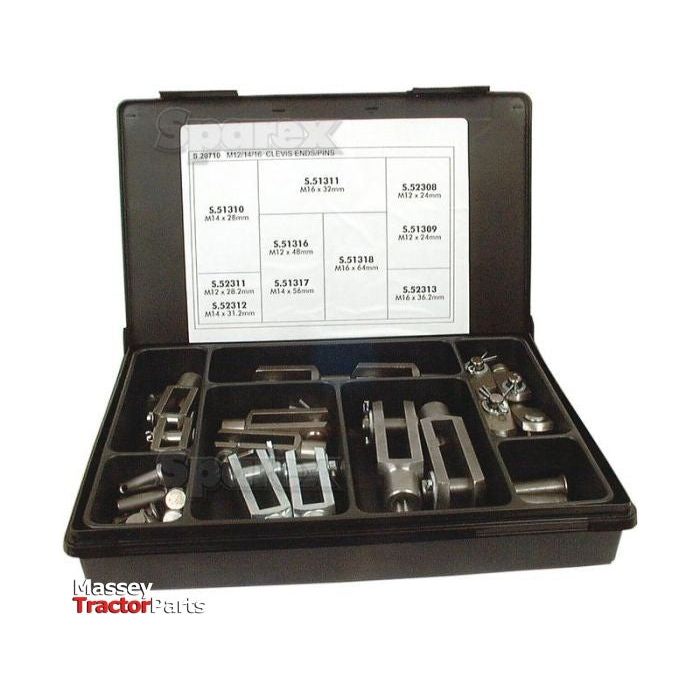 A black case containing various tractor parts, organized in compartments. An information sheet listing part details, including Metric Clevis Pins and DIN 71751 standards, is attached to the inside of the case lid. The "Sparex" logo is visible on the "Metric Clevis End and Pin Assortment (DIN 71751) various 28 pcs Handipak - S.20710.