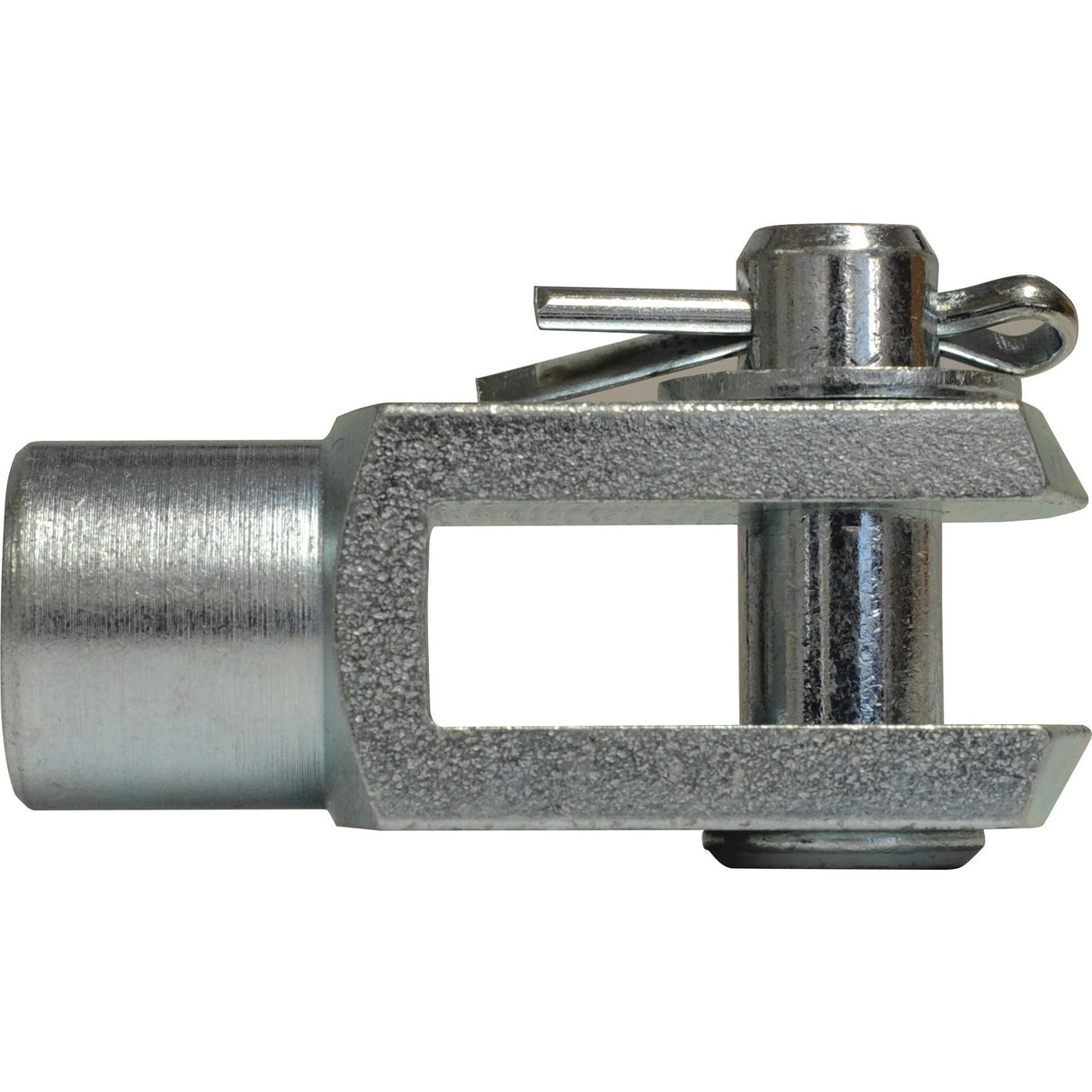 Close-up of the Sparex Metric Clevis End with Pin M10, featuring a cylindrical body, a U-shaped fork end, and a securing pin, conforming to DIN 71751 standards (Sparex Part No. S.51308).