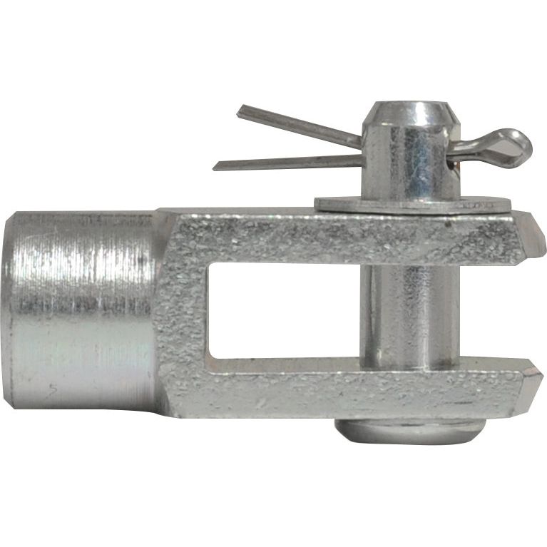 The Sparex Metal Spring Catch, featuring a cylindrical body and a flat rectangular hook mechanism, complies with DIN 71751 standards. The hook is secured by a pin and clip and comes equipped with the Metric Clevis End with Pin M4.0 for precision fittings (Sparex Part No. S.52306).