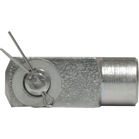 Close-up of a Sparex Metric Clevis End with Pin M5.0 (DIN 71751) featuring a retaining clip inserted through the pin hole, laid horizontally against a white background. The product adheres to DIN 71751 standards and is available as Sparex Part No.S.51312.