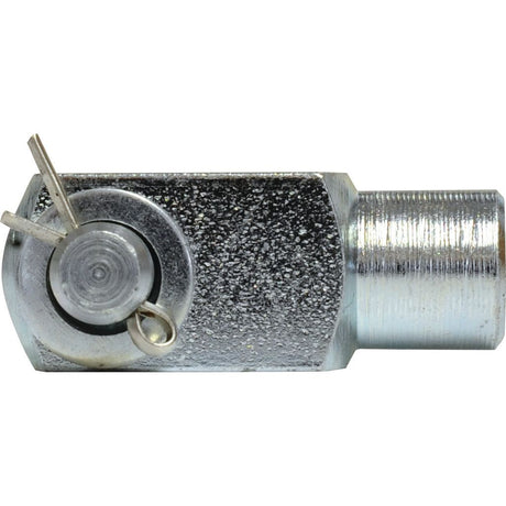 A close-up of a metallic component featuring a threaded end and a circular locking pin mechanism on the opposite side, showcasing the precision of the Sparex Metric Clevis End with Pin M6.0 (DIN 71751) | Sparex Part No.S.51306.