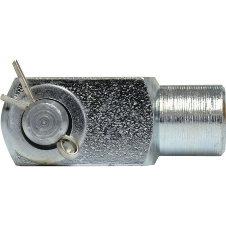 A close-up of a Sparex Metric Clevis End with Pin M6.0 (DIN 71751), featuring a textured hexagonal body, threaded end, and safety pin.