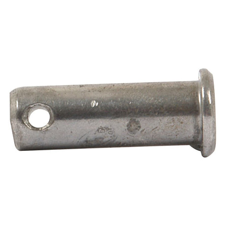 A close-up image of the Metric Clevis Pin ØM10mm x 23.2mm, Sparex Part No.S.52337, showcases a cylindrical metal design with a small hole near one end and a flat head on the other.
