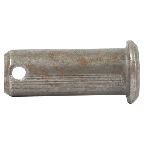 The Metric Clevis Pin ØM14mm x 31.2mm (Sparex Part No.S.52312) from Sparex is a cylindrical metal pin featuring a hole near one end and a flat flange on the other end. The surface exhibits signs of wear and rust.