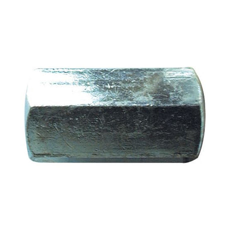 The Sparex Metric Connecting Nut, M10x1.50mm (DIN 6334) Metric Coarse (Part No. S.54762), is a hexagonal metal coupling nut with a silver finish, ideal for hydraulic applications.