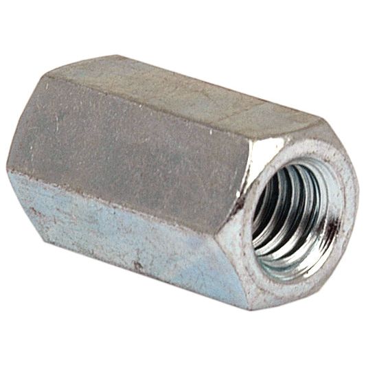 Close-up image of a Sparex Metric Connecting Nut, M6x1.50mm (DIN 6334) Metric Coarse, showcasing its zinc-plated hexagonal metal construction and threaded interior.