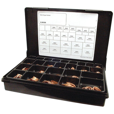 The Sparex Metric Copper Washer (680 pcs.) Compak - S.20520 is a black plastic organizer box with an open lid revealing multiple compartments filled with metal washers, including metric copper washers. A label sheet on the inside of the lid lists various sizes (ID: 6mm to 20mm) and quantities, detailing thickness options from 1mm to 1.5mm.