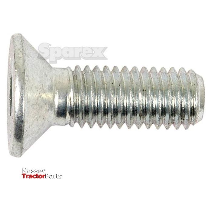Close-up of a metallic metric countersunk hexagon socket screw, M10x30mm (DIN 7991), shown against a plain white background. This countersunk hex head screw boasts high tensile strength. Text reads "Sparex" and "Massey Tractor Parts" in the background.
