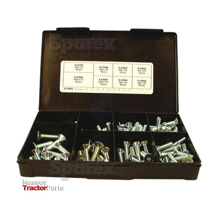 A Sparex black plastic organizer box containing various Handipak screws sorted into compartments with labels for different sizes and types, including Metric Countersunk Hexagon Socket Screws (Sparex Part No. S.11839) adhering to DIN 7991 standards.