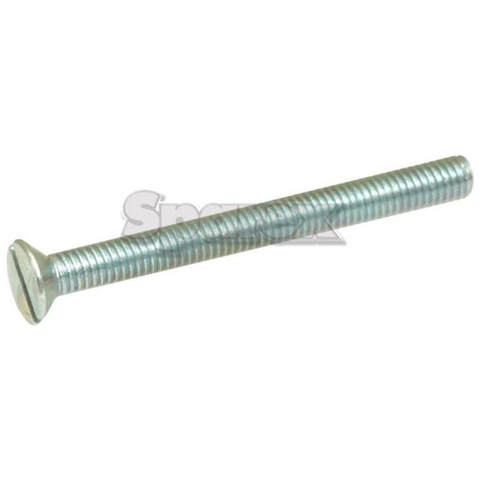 A Sparex Metric Countersunk Machine Screw, M6x45mm (DIN 963) with a flat head and slotted drive, made of stainless steel, is lying horizontally on a white background.