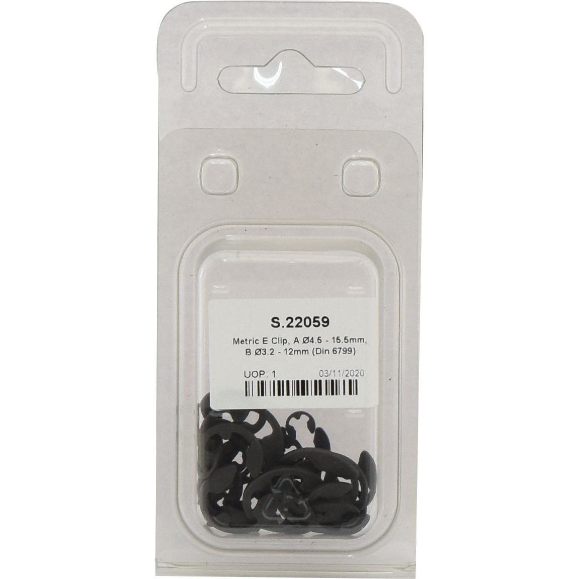 Plastic packaging with several metric E clips inside. The product label reads "Sparex S.22059 Metric E Clip, A Ø4.5 - 15.5mm, B Ø3.2 - 12mm (DIN 6799), Agripak 36 pcs".