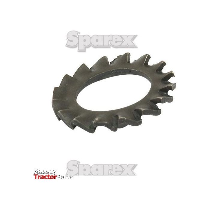 A black, serrated Metric External Shakeproof Washer with asymmetrical teeth, labeled as a Massey Tractor Part (Sparex Part No. S.5818), with "Sparex" watermarked in the background.