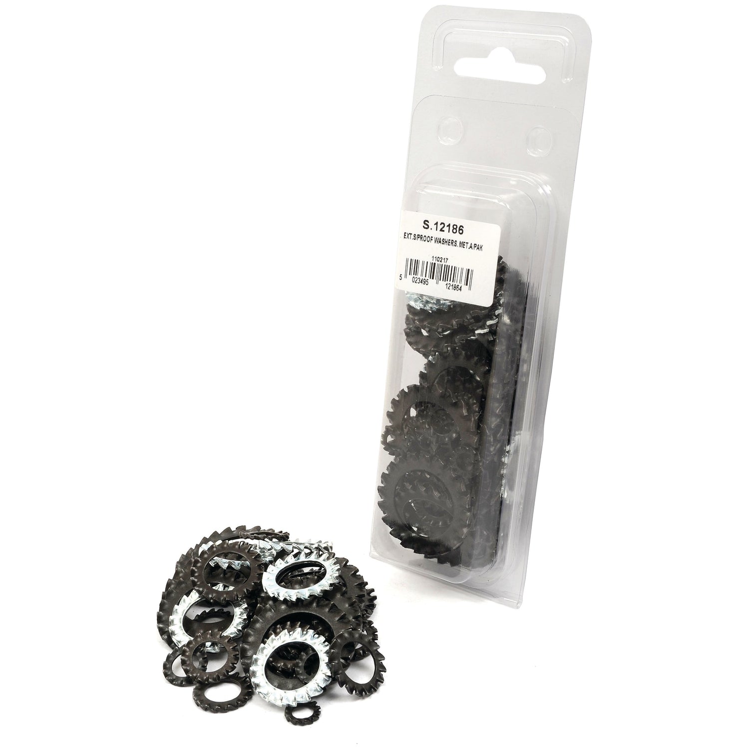A collection of Metric External Shakeproof washers scattered in front of a plastic packaging labeled "S.12186," containing similar washers from Sparex, ranging in size.