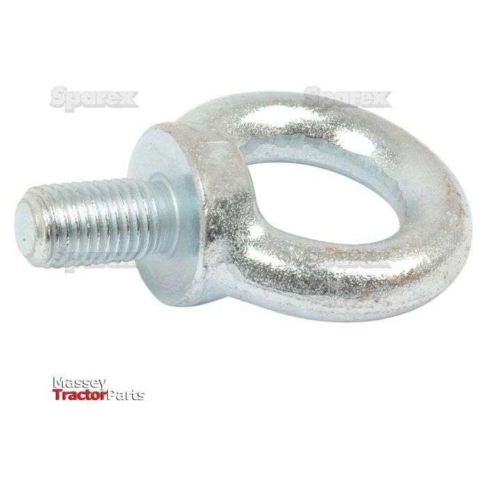 Close-up of a metal eye bolt, specifically a Metric Eye Bolt, M16x30mm, Ø35mm (DIN 580) with threading on one end and a rounded loop on the other. The background features faint text logos. The item is labeled "Sparex Part No.S.54755" under the brand Sparex for Massey Tractor Parts.