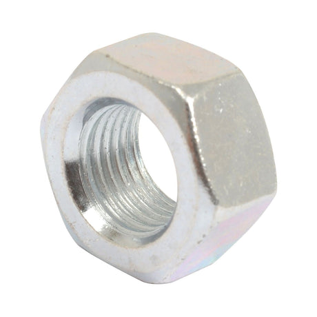 A close-up image of a Sparex Metric Hexagon Nut, M12x1.25mm (DIN 934) Metric Fine, Sparex Part No. S.53829, with an internal threaded hole.