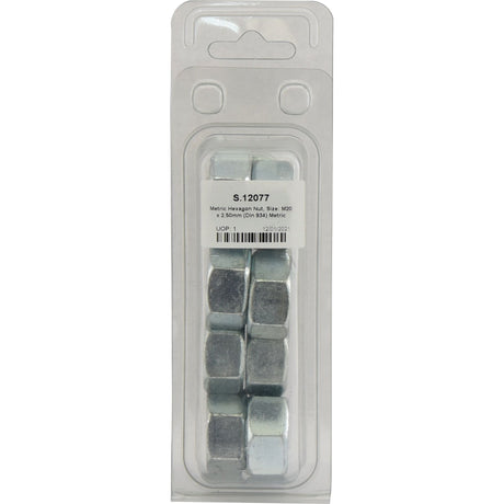 Package of ten zinc-plated silver hexagon nuts in a plastic blister pack, labeled "Metric Hexagon Nut, Size M20 x 2.50mm (High S/I) Steel," Sparex Part No. S.12077 by Sparex.