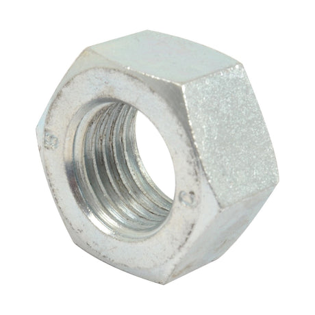 Close-up of a shiny metallic Metric Hexagon Nut, M36x4.00mm (DIN 934) from Sparex, featuring a threaded hole. This product is identified by Sparex Part No.S.53826.