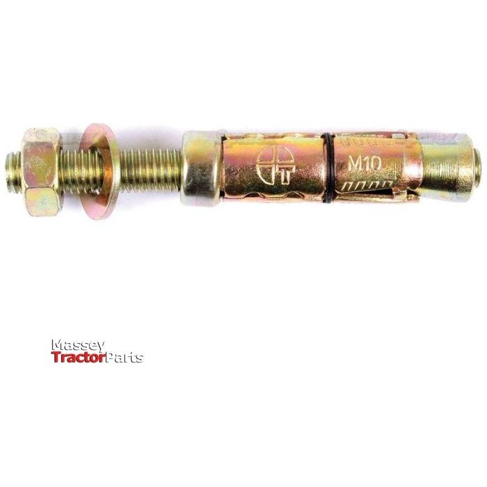 A zinc-plated, gold-colored Metric Rawl Bolt labeled "M10x60mm," complete with an attached washer and hexagonal nut. It is displayed on a plain white background. Text on image reads: "Massey Tractor Parts, Sparex Part No.S.54301.