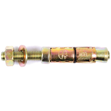 An image of a Sparex Metric Rawl Bolt, M10x60mm (Bolt, Washer & Hexagonal Nut Included), Sparex Part No. S.54301 zinc-plated bolt with a nut and washer threaded onto it, used for securing objects to concrete or masonry.