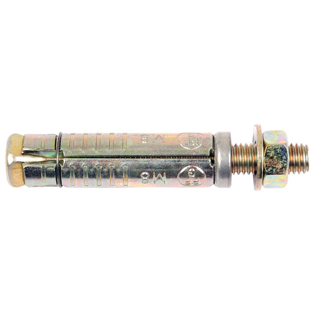 A Sparex Metric Rawl Bolt, M8x40mm (Part No.S.8338) with a hexagonal nut and washer, is designed with measurement markings and grooves along its cylindrical body.