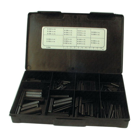 The Sparex Metric Roll Pins Assortment (Product Number S.2898) features a black plastic case containing 191 cylindrical metal pins in various sizes ranging from 3mm to 10mm. The pins are neatly organized in individual compartments, and the inside of the lid includes a chart with measurements, providing detailed information for precise use.