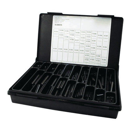 The Sparex Metric Roll Pins Assortment - Ø3 - 8mm, 324 pcs. Compak. (S.68015) includes an assortment of various sizes of black pins contained in a black plastic case with dividers, and features a white chart printed on the inside lid.