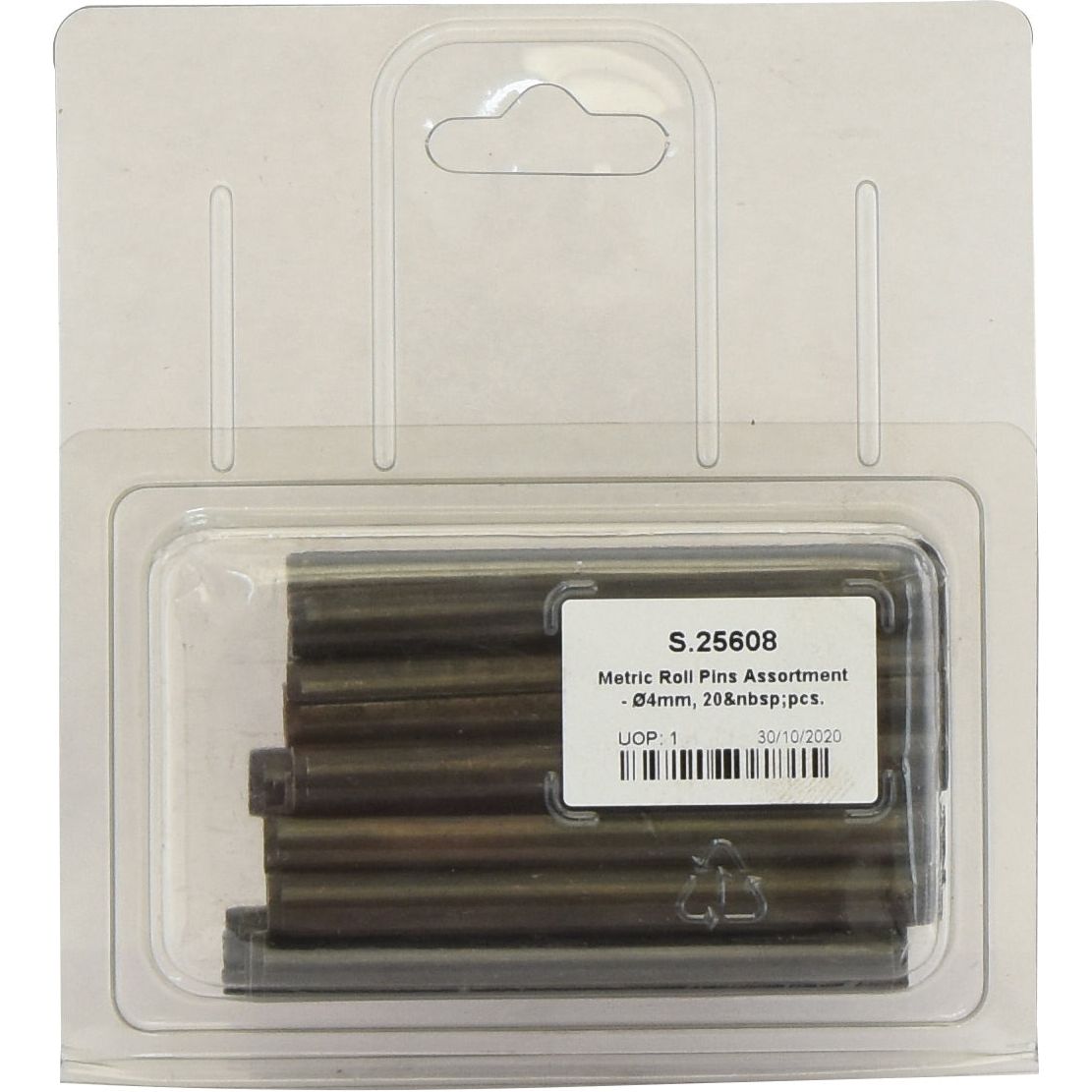 A package of assorted metric roll pins from Sparex's Agripak line, with a label reading "Sparex Part No. S.25608 Metric Roll Pins Assortment - Ø4mm, 20 pcs.