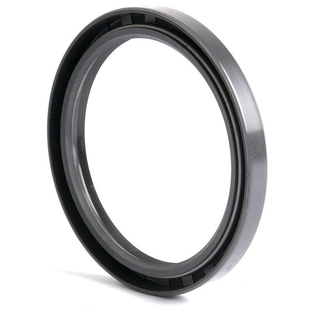 A Sparex Metric Rotary Shaft Seal, 105 x 130 x 13mm double lip (Sparex Part No.S.50477) with a black outer surface and ridged inner surface, standing vertically against a white background.