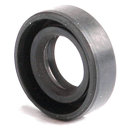 The Sparex Metric Rotary Shaft Seal, 12 x 22 x 7 mm, Part No. S.50157 features a double lip design and is made of black rubber with a smooth surface and circular shape, ensuring optimal leak prevention in machinery and automotive applications.