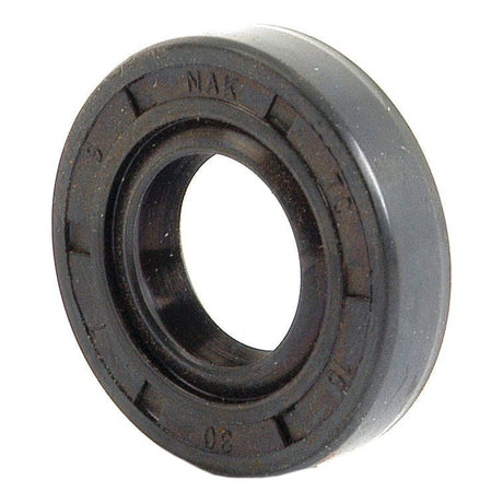 The Sparex Metric Rotary Shaft Seal, part number S.50163, is a circular rubber oil seal featuring a double lip and raised markings around its outer edge; it measures 15 x 30 x 7mm.