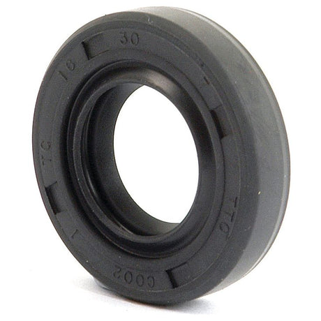 A Sparex Metric Rotary Shaft Seal, part number S.50169, is a black rubber oil seal with engraved markings and a double lip design. This seal, viewed in profile, measures 16 x 30 x 7mm.