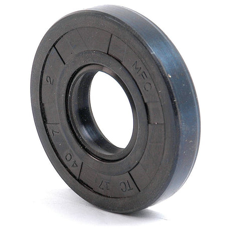 A black rubber rotary shaft seal, branded as Sparex Metric Rotary Shaft Seal, 17 x 40 x 7mm Double Lip (Sparex Part No.S.50175), with visible ridges and text inscriptions on its surface, standing upright against a white background. The metric double lip design ensures reliability and precision.