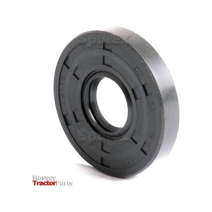 Close-up of a black rubber oil seal with the Sparex logo in the bottom-left corner and part numbers imprinted on its surface, also labeled as a Metric Rotary Shaft Seal, 20 x 52 x 9mm Double Lip with Sparex Part No. S.50190.
