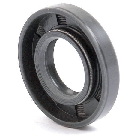 An image of a black circular oil seal with a metal spring embedded inside. The Sparex Metric Rotary Shaft Seal, part number S.50184, measuring 20 x 40 x 7mm, appears to have a smooth, polished surface and features a double lip design.