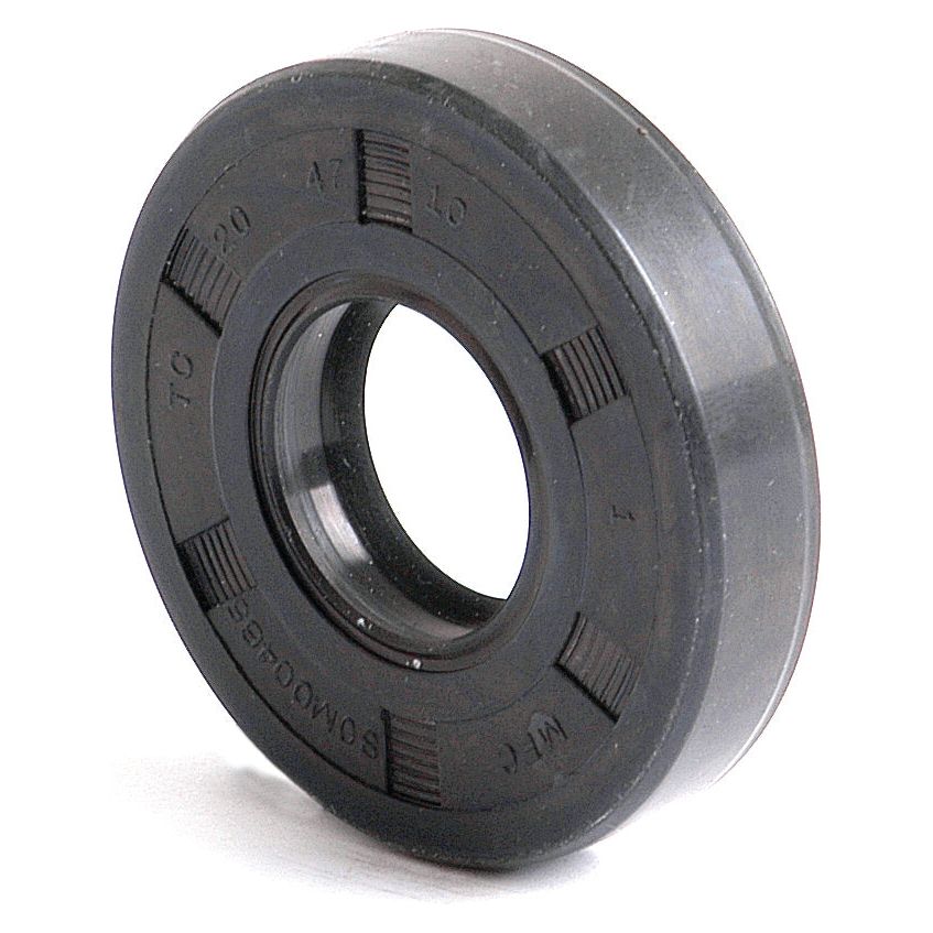 A black cylindrical mechanical seal with visible text and a central hole, designed as the Sparex Metric Rotary Shaft Seal, 20 x 47 x 10mm Double Lip (Sparex Part No. S.50189) for Ford / New Holland equipment.
