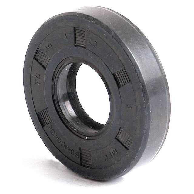 A black cylindrical mechanical seal with visible text and a central hole, designed as the Sparex Metric Rotary Shaft Seal, 20 x 47 x 10mm Double Lip (Sparex Part No. S.50189) for Ford / New Holland equipment.